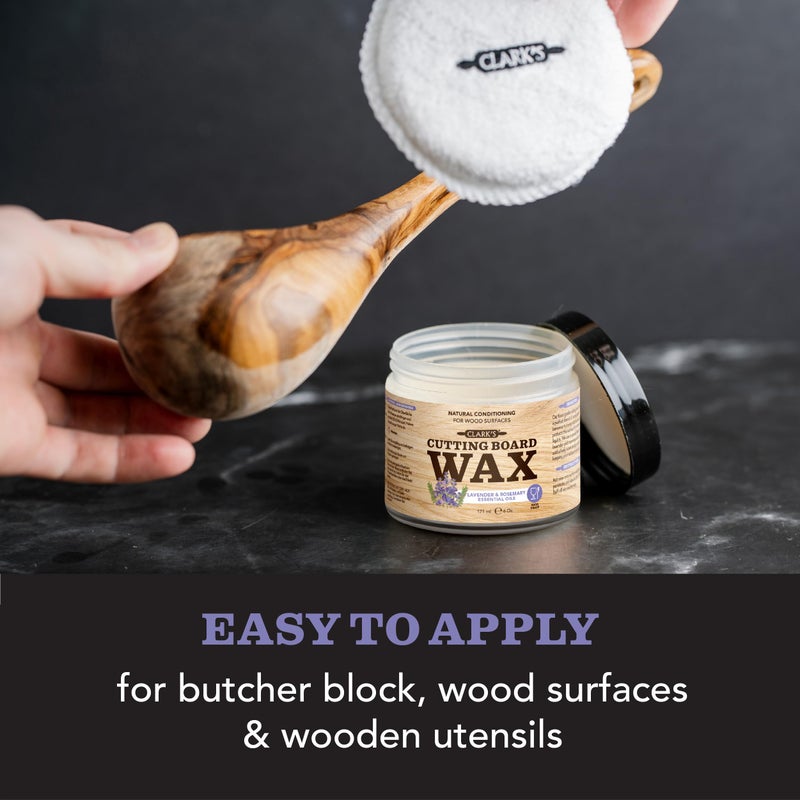 Clark's CLARKâ€™S Cutting Board Oil and Wax Kit - Set includes Food Grade Mineral Oil (12oz), Finishing Wood Wax (6oz), Applicator Sponge & Buffing Pad, Enriched with Food Safe Lavender and Rosemary Extract - Image 4